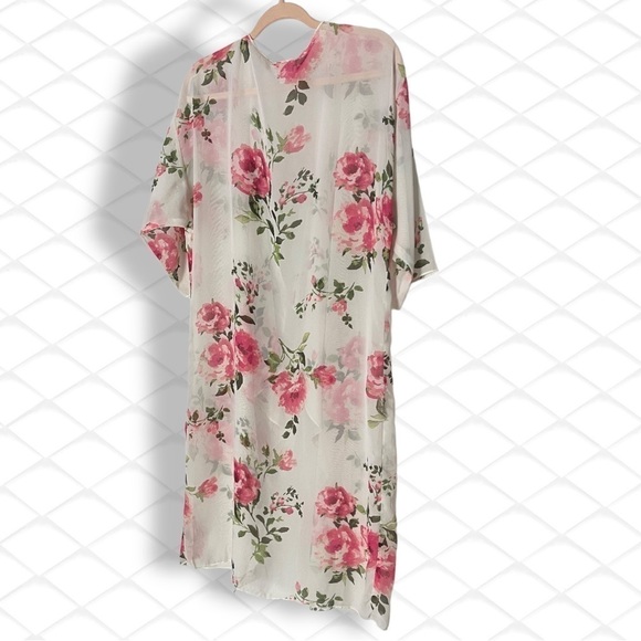 𝅺lularoe Rare off White Coral Pink Roses  Kimono Fits Sizes 10-18 (Med)Cover Up - Picture 5 of 9